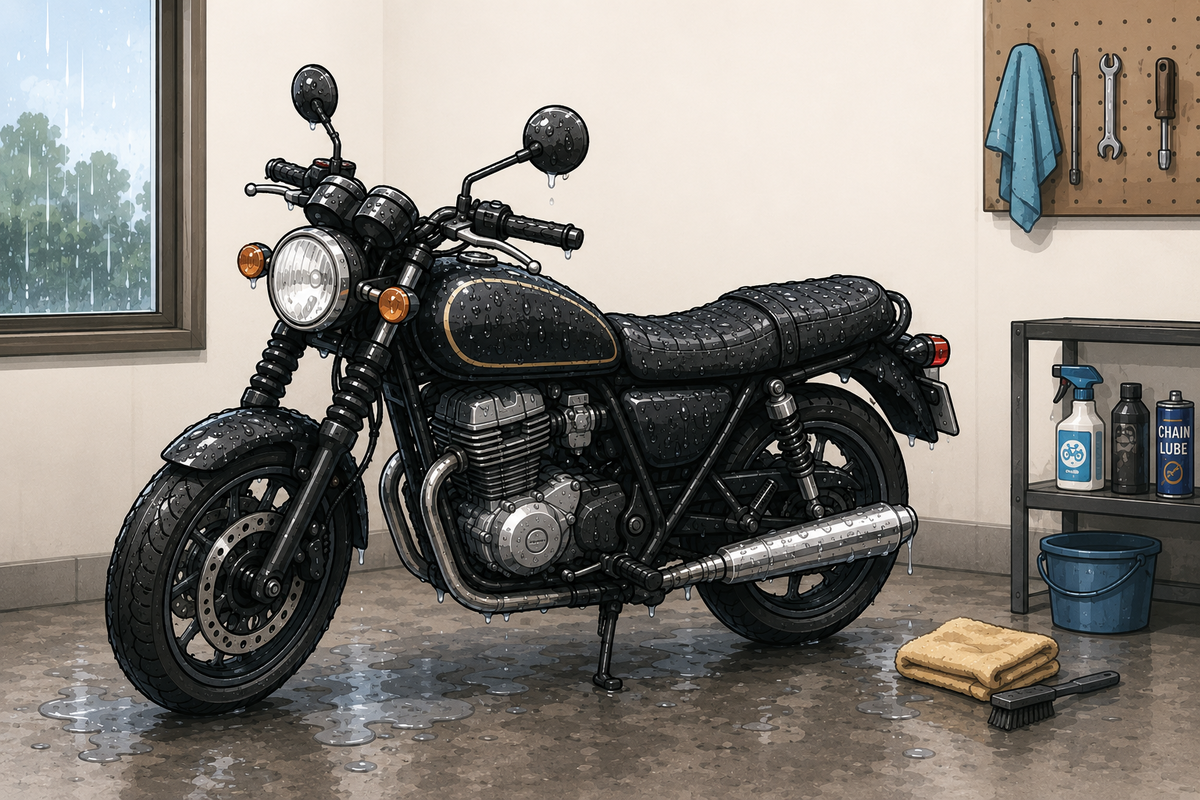 雨に濡れたバイクを屋内で乾かしているイメージ