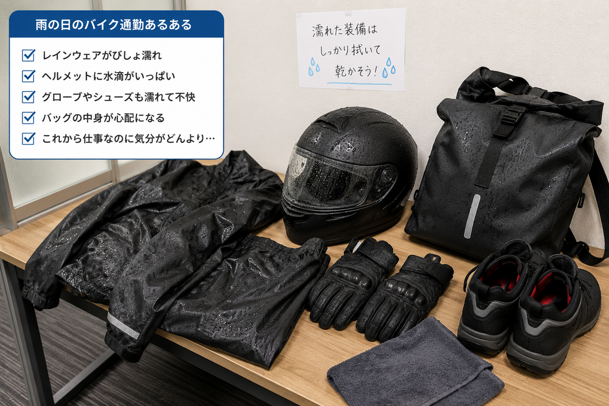 雨の日のバイク通勤後に濡れたレインウェアやヘルメットを職場で乾かしているイメージ