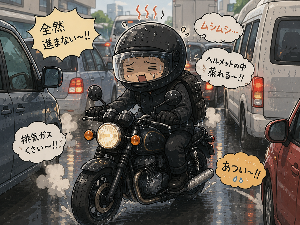 雨の日のバイク通勤で濡れたレインウェアやヘルメット、バッグの扱いに困っているイメージ