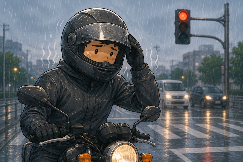 雨の日のバイクでレインウェアの中が蒸れて暑そうにしているライダーのイメージ