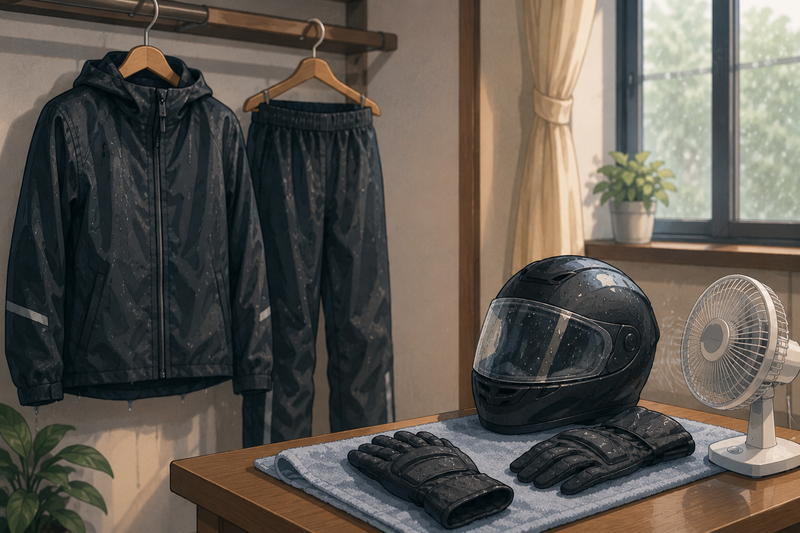 雨の日のバイク通勤後に濡れたレインウェアやヘルメットを乾かしているイメージ