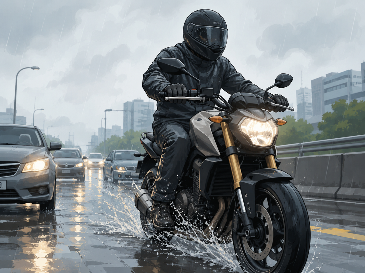 雨の日の道路でバイクに乗るライダーの足元に水しぶきがかかり、靴が濡れやすい状況のイメージ