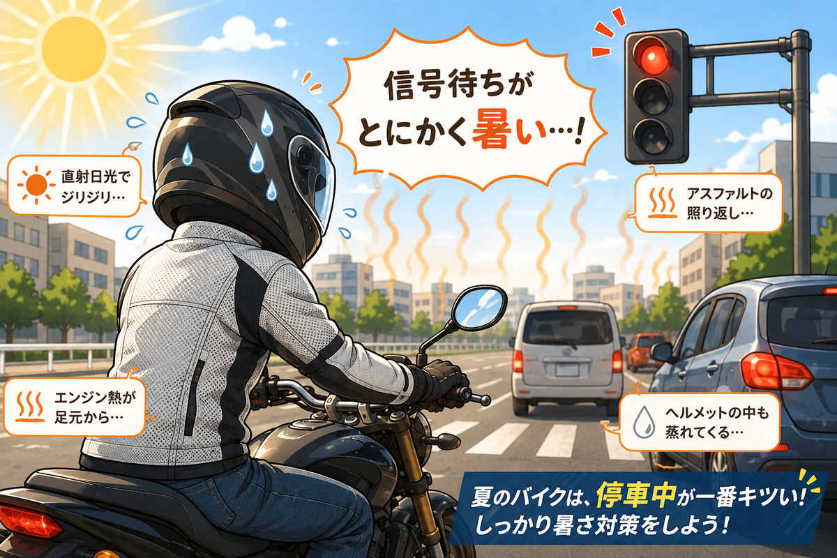 夏の信号待ちで直射日光とエンジン熱により暑さを感じるバイクライダーのイメージ