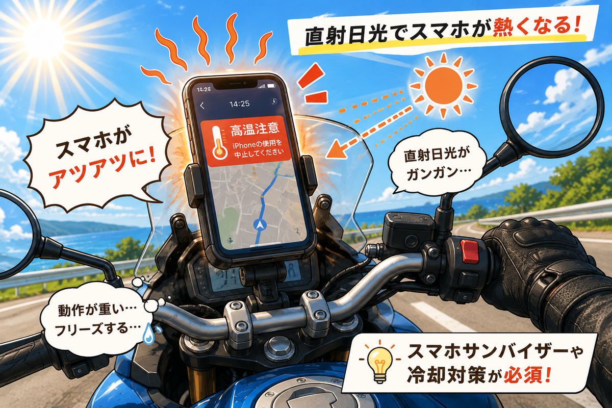 真夏のバイクでスマホナビに直射日光が当たり熱くなっているイメージ