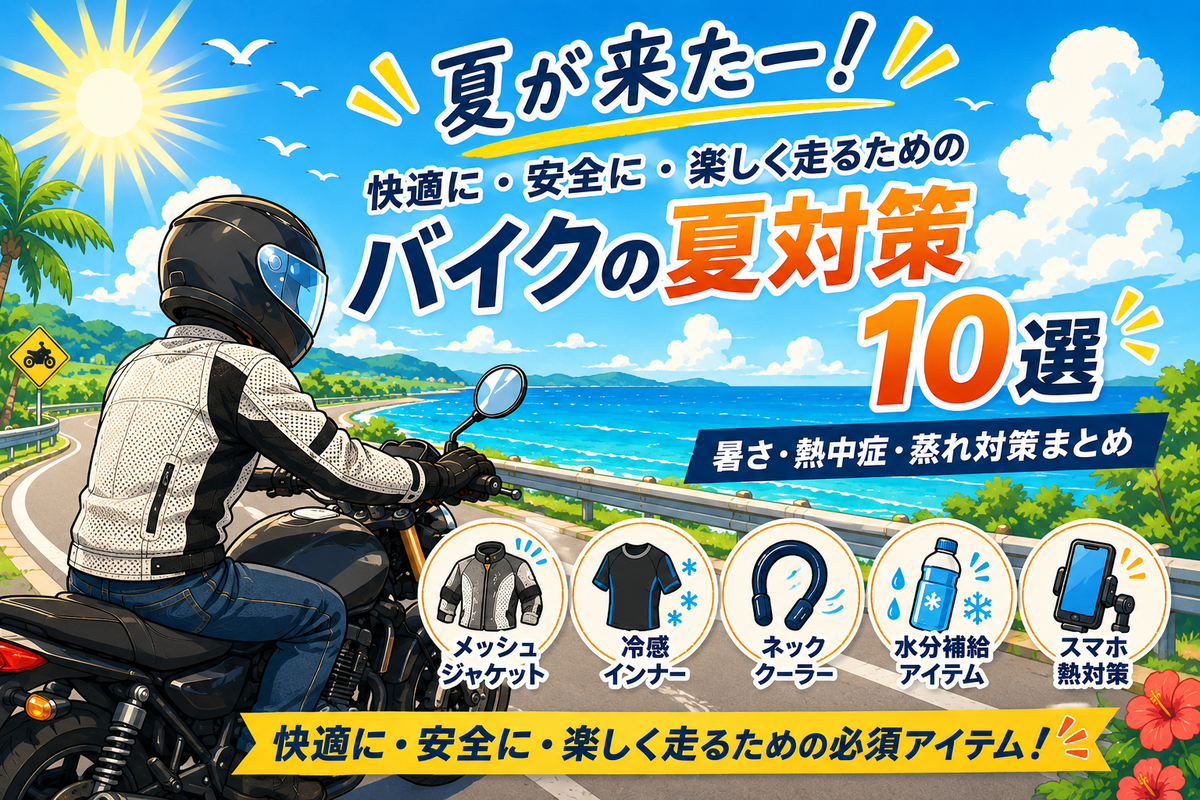 青空の下で夏のツーリングを楽しむバイクライダーと暑さ対策装備のイメージ