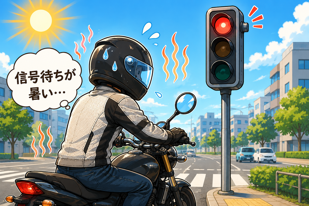 真夏の信号待ちで直射日光とエンジン熱により暑さを感じるバイクライダーのイメージ