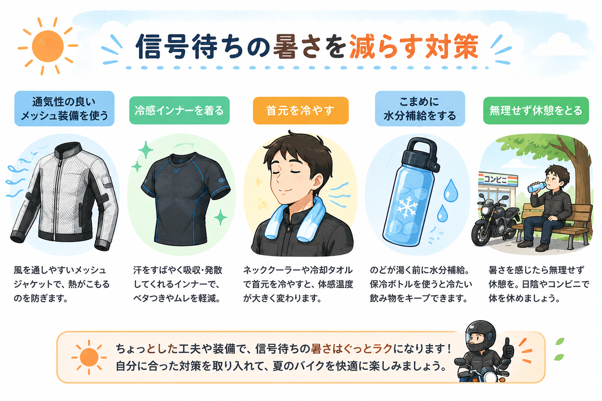 夏のバイクの信号待ちで暑さを減らすため、メッシュジャケット、冷感インナー、首元の冷却、水分補給、休憩を紹介するイラスト