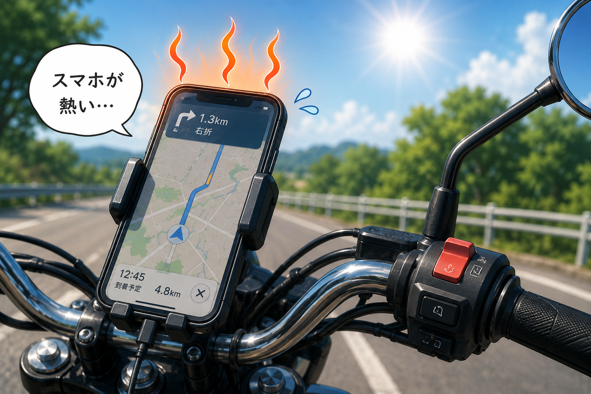 真夏のバイクでスマホナビを使っていると直射日光によりスマホが熱くなるイメージ