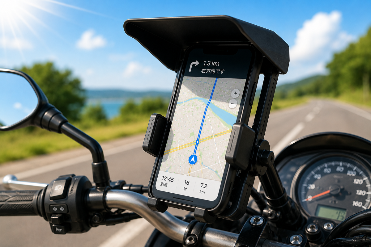 夏のバイクでスマホホルダーに取り付けたサンバイザーが直射日光を遮るイメージ