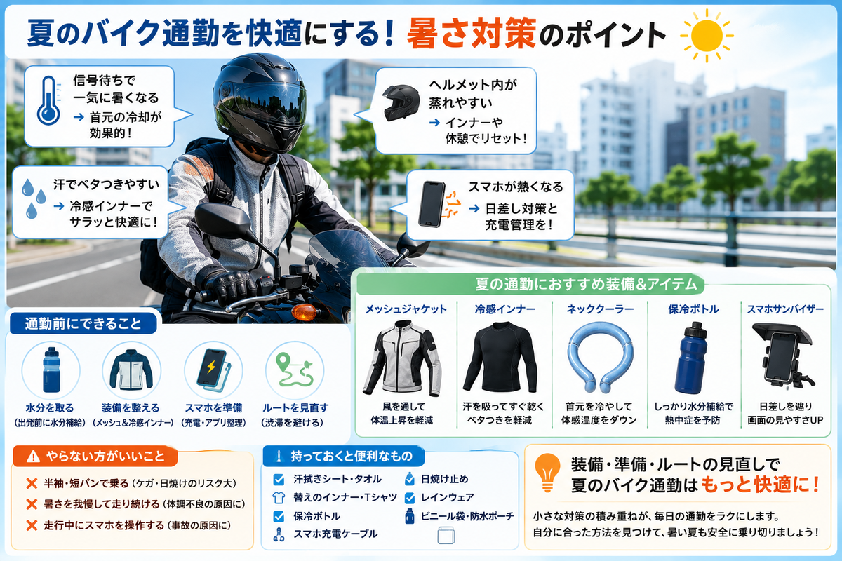 夏の朝にバイク通勤をするライダーが暑さや汗対策をしているイメージ