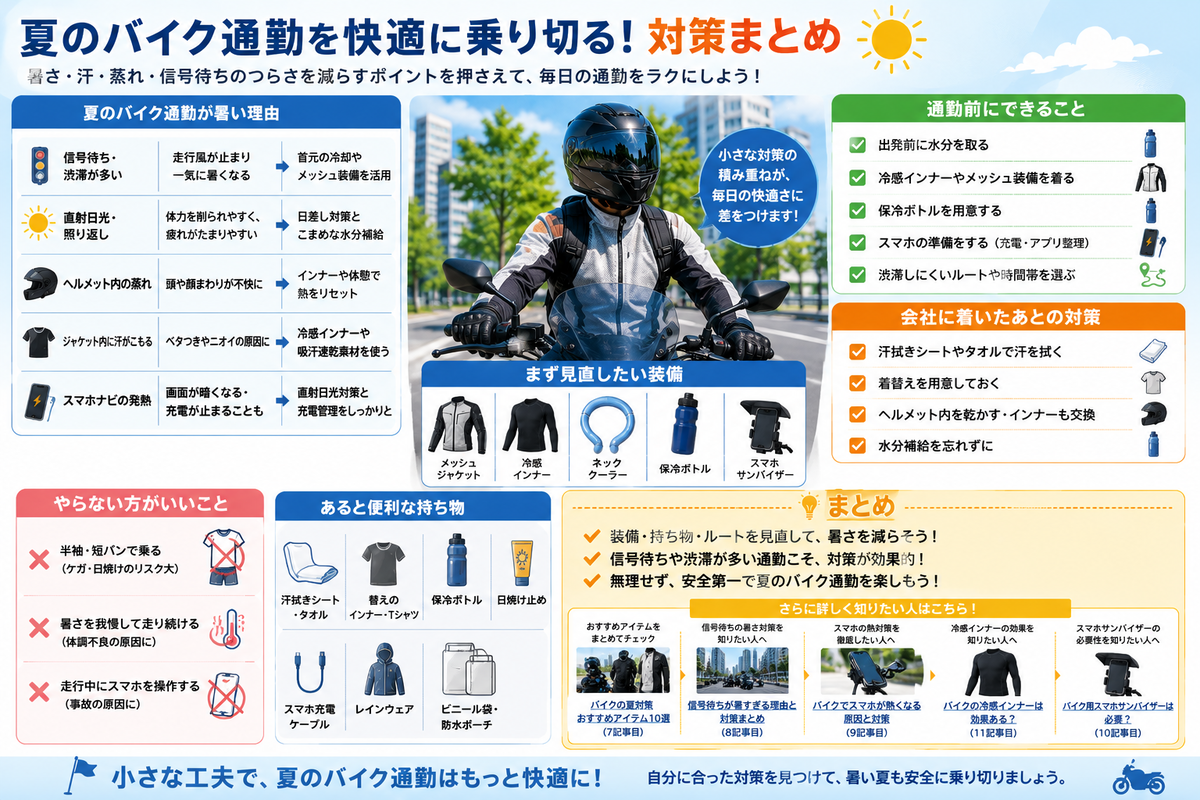 夏のバイク通勤で使うメッシュジャケット、冷感インナー、ネッククーラー、水分補給ボトルをまとめたイラスト