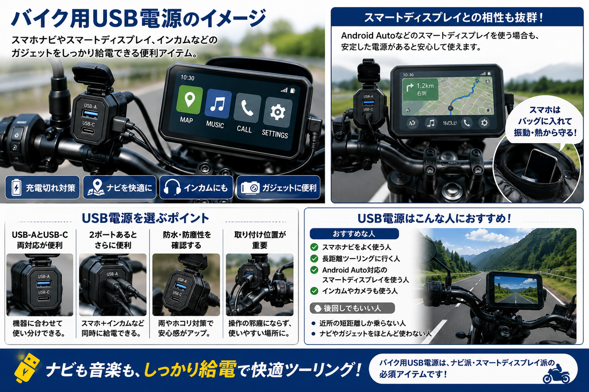 バイク用USB電源のイメージ バイクのハンドル周りにUSB電源を取り付けてスマホやスマートディスプレイに給電するイメージ
