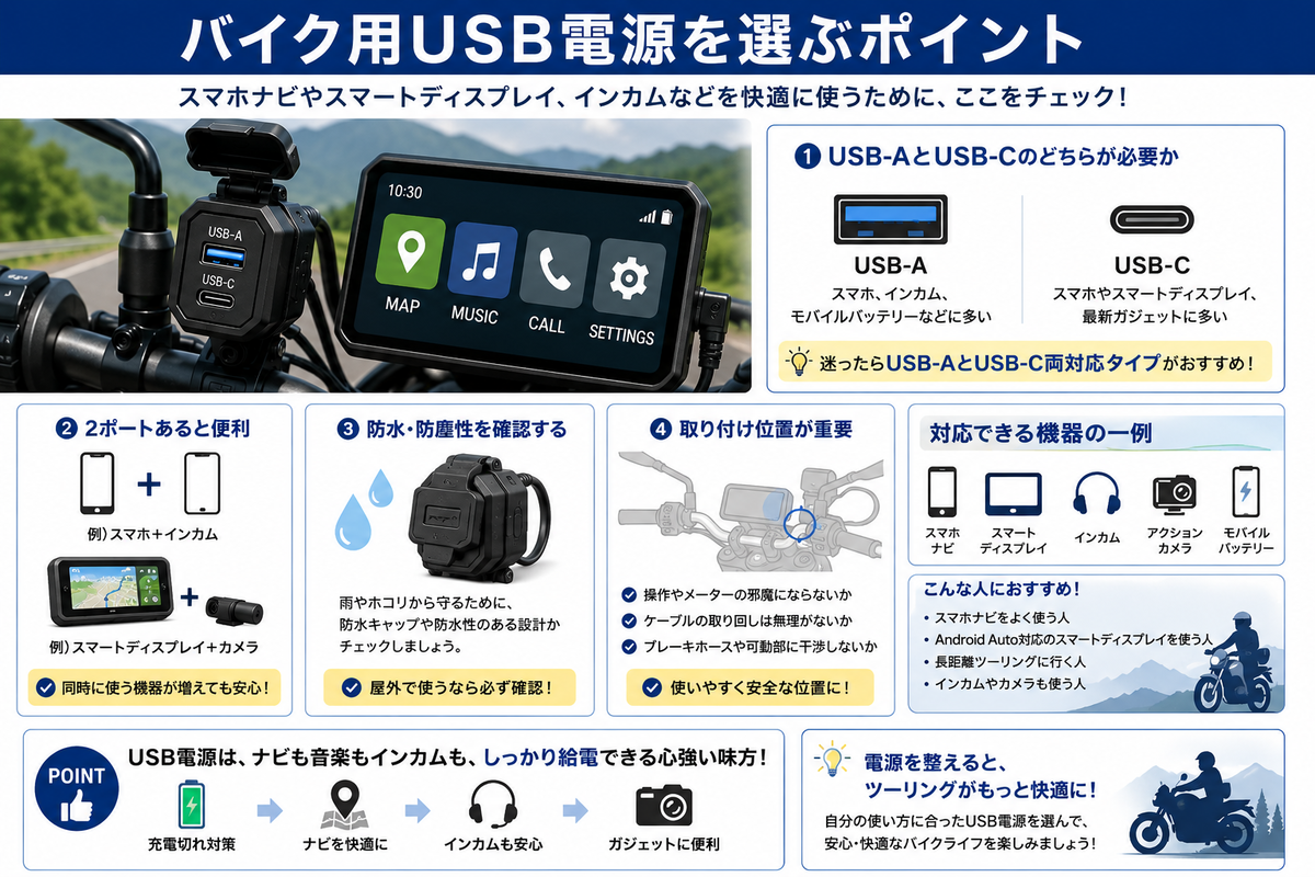 バイク用USB電源を選ぶポイント バイク用USB電源を選ぶときに確認したいポート数、出力、防水性、取り付けやすさをまとめたイラスト