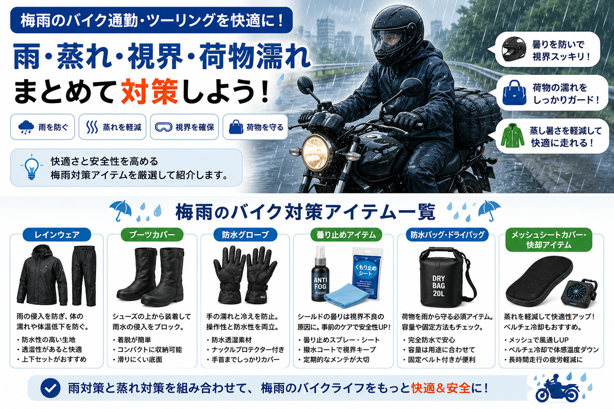 梅雨のバイク対策アイテムまとめ 梅雨のバイク通勤やツーリングで雨、蒸れ、視界、荷物濡れを防ぐためのレインウェア、ブーツカバー、防水グローブ、曇り止め、ドライバッグ、メッシュシートカバーなどをまとめたイラスト