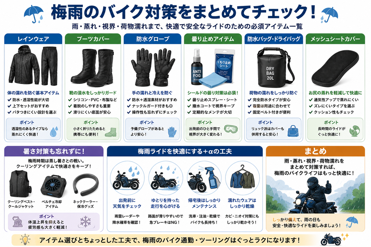 梅雨のバイク対策をまとめてチェック 梅雨のバイク通勤やツーリングで使いたいレインウェア、ブーツカバー、防水グローブ、曇り止め、防水バッグ、メッシュシートカバー、冷却アイテムなどをまとめたイラスト