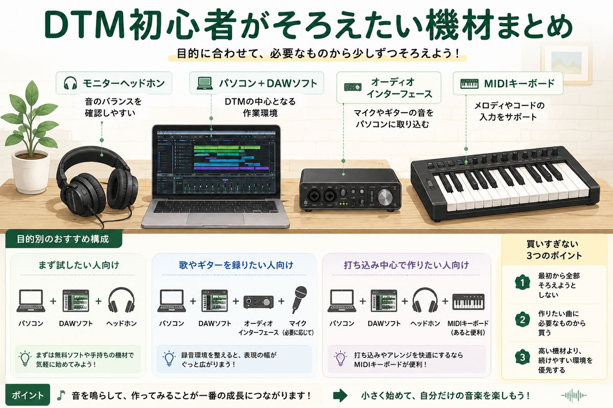 DTM初心者がそろえたいパソコン、DAW、ヘッドホン、オーディオインターフェース、MIDIキーボードの図解