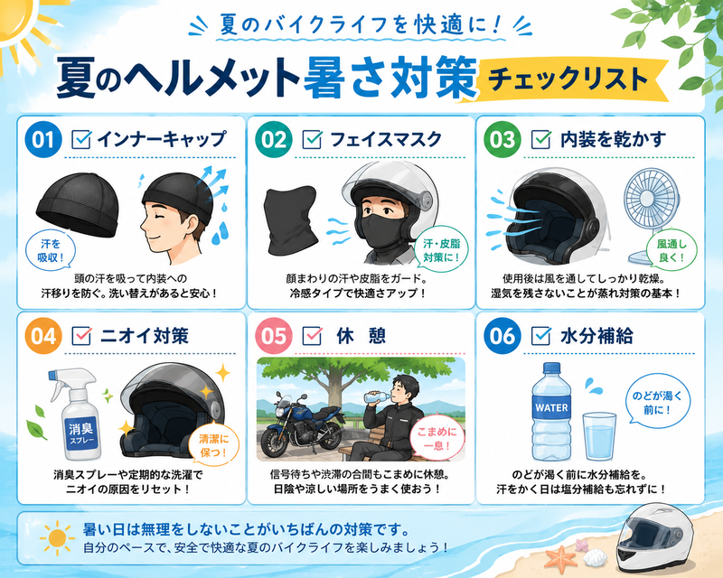 夏のバイクヘルメット暑さ対策チェックリスト。インナーキャップ、フェイスマスク、内装を乾かす、ニオイ対策、休憩、水分補給を確認する内容