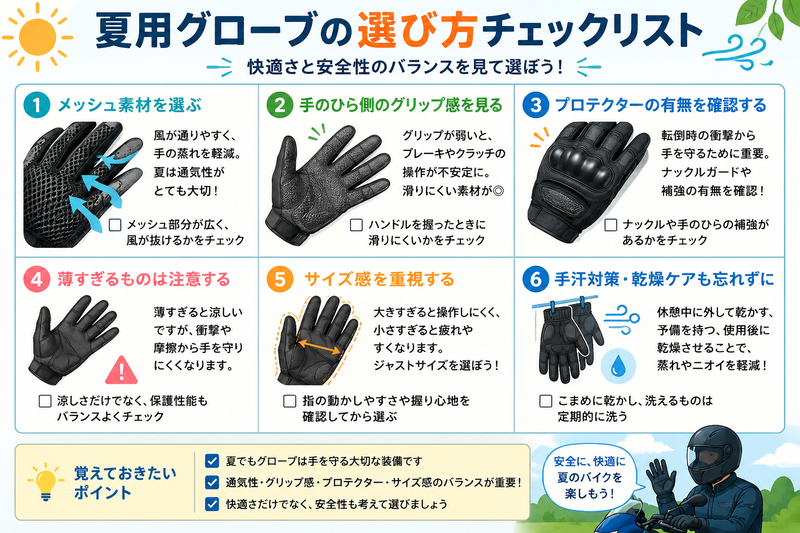 夏用バイクグローブの選び方チェックリスト。メッシュ素材、手のひら側のグリップ感、プロテクター、薄すぎるグローブへの注意、サイズ感、手汗対策と乾燥ケアを確認する内容