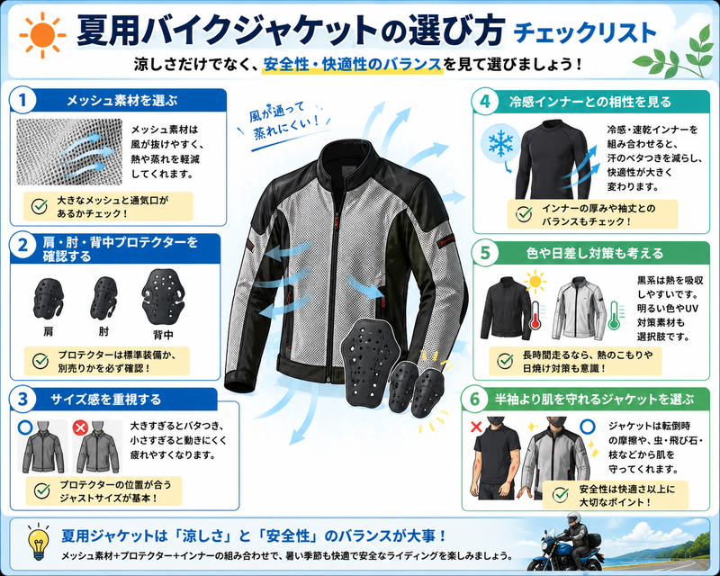 夏用バイクジャケットの選び方チェックリスト。メッシュ素材、肩・肘・背中プロテクター、サイズ感、冷感インナーとの相性、色や日差し対策、半袖より肌を守ることを確認する内容