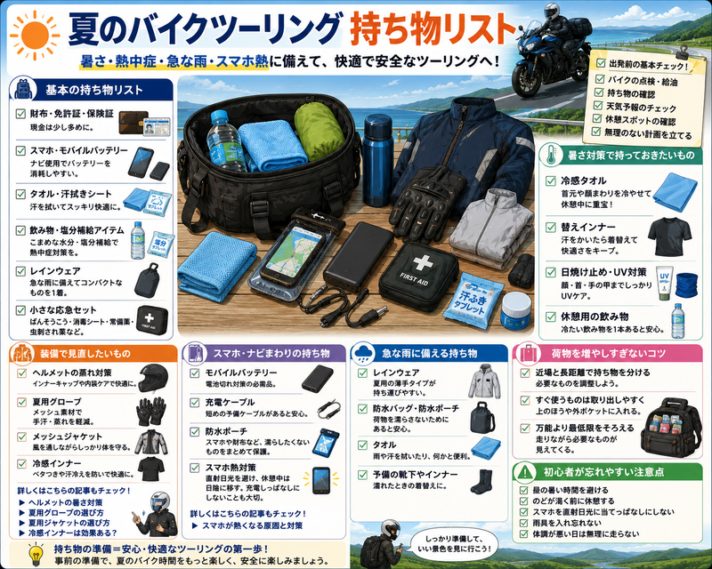 夏のバイクツーリングで暑さ、雨、スマホ熱、基本の持ち物を確認するチェックリスト