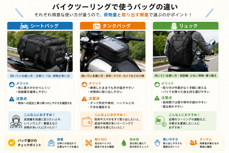 バイクツーリングで使うシートバッグ、タンクバッグ、リュックの違い。向いている使い方、メリット、注意点、バッグ選びのチェックポイントを比較した内容