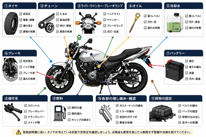 バイクツーリング前の点検箇所をタイヤ、チェーン、ライト、オイル、冷却水、ブレーキ、バッテリー、操作系、燃料、各部の緩み、荷物の固定に分けて示したチェック図