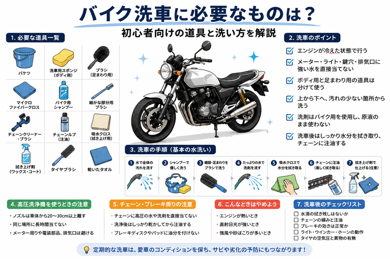 バイク洗車の流れを準備、水で濡らす、ボディーを洗う、足まわりを洗う、すすぐ、拭き取り、洗車後点検の順に示した図
