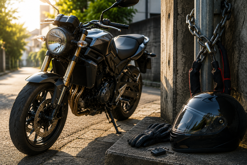 屋外に停めたバイクと固定物へつなぐ太いチェーンロックを写した冒頭イメージ
