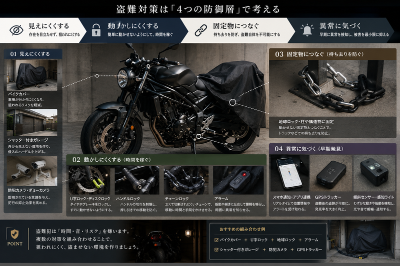 バイク盗難対策を見えにくくする、動かしにくくする、固定物につなぐ、異常に気づくの4層で解説した挿絵