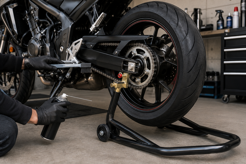 リアメンテナンススタンドで後輪を持ち上げ、バイクのチェーンを清掃している冒頭イメージ