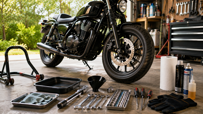 バイクと整備工具を並べたガレージで自分で行う整備範囲を考えるイメージ