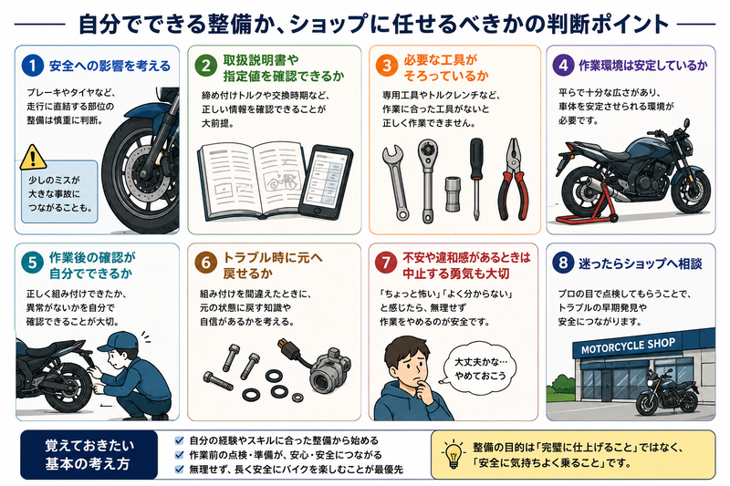 バイク整備を自分で行うかショップへ任せるか判断する8つのポイント