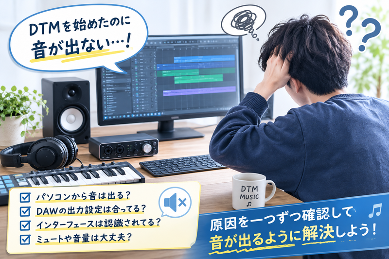 DTMで音が出ないときにパソコンやDAW、オーディオインターフェースなどを確認するイメージ