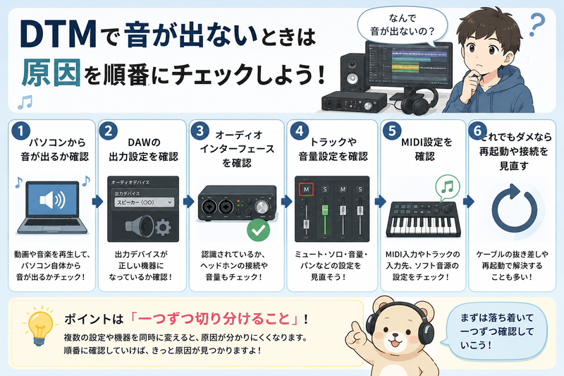DTMで音が出ないときにパソコン、DAW、オーディオインターフェース、トラック、MIDIを順番に確認する図