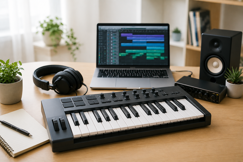 MIDIキーボードとパソコンを置いたDTM作業環境のイメージ