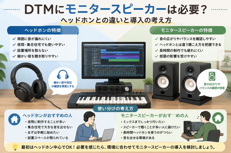 DTMのヘッドホンとモニタースピーカーの特徴や向いている人を比較した図