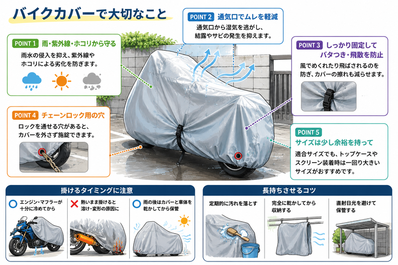 バイクカバーの通気口、固定ベルト、チェーンロック穴、サイズ選び、掛けるタイミングを解説したイラスト
